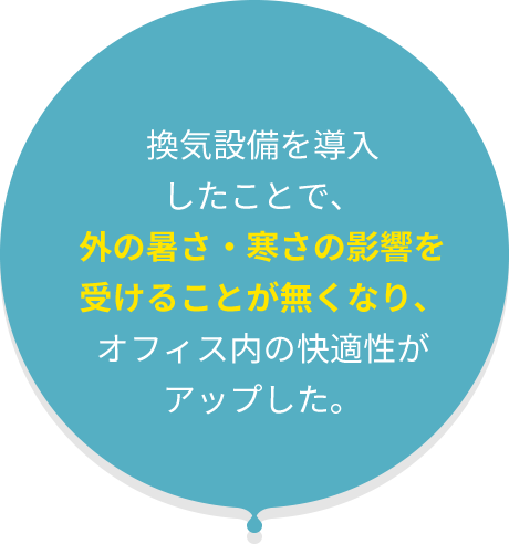 以前は窓を開けての換気 だったので、雨天・強風時に 換気ができなった。 24時間換気の工事をした ことで、オフィスの環境が 大